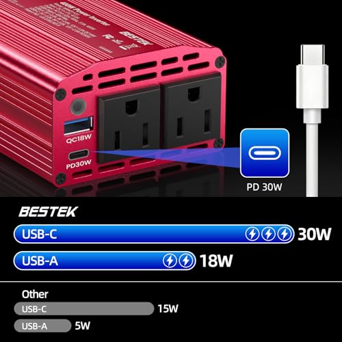 BESTEK 400W Car Power Inverter for Vehicles – DC 12v to AC 110v Car Plug Adapter Outlet with PD 30W USB-C &USB-A 3.0 Fast Charging, Car Charger Cigarette Lighter Adapter for Laptop, Road Trip, Camping