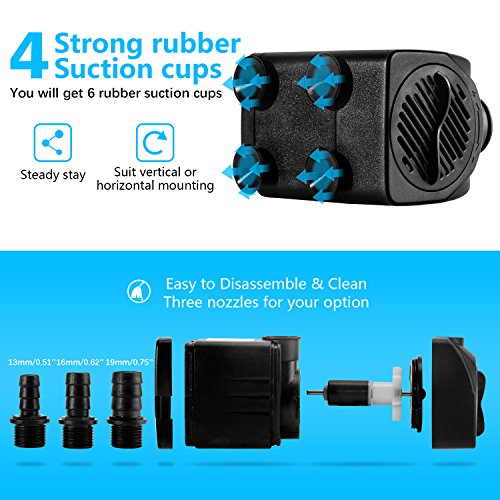 CWKJ Fountain Pump, 400GPH(25W 1500L/H) Submersible Water Durable Outdoor Pump with 6.5ft Tubing (ID x 1/2-Inch), 3 Nozzles for Aquarium, Pond, Fish Tank, Hydroponics