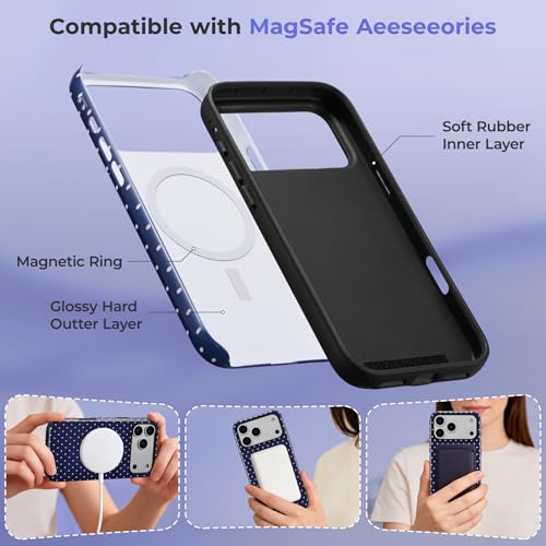 ZTOFERA Magnetic Case for iPhone 17 Pro, Compatible with Magsafe, Polka Dot Aesthetic Phone Case Cute for Girl Women, Hard PC+Soft TPU Protective Phone Cover for iPhone 17 Pro-Navy Blue