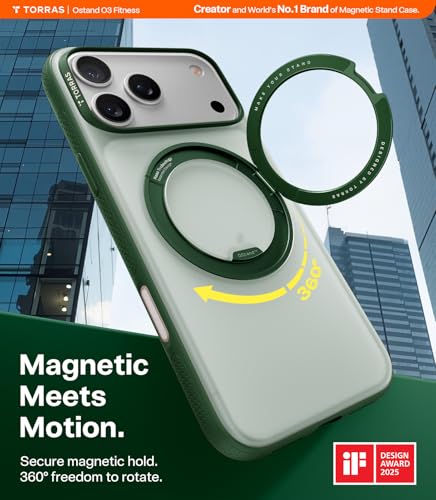TORRAS 360 Magnetic Stand for iPhone 17 Pro Case, Ostand 3.0[Fit for MagSafe][4X Mil-Grade Shockproof] Rotatable Kickstand Protective Cover, Camera Control Button, Translucent Pine Green, O3 Fitness