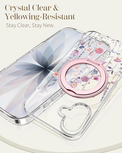Loheckle for iPhone 17 Case with Stand- Compatible with MagSafe Women Girls Cute Clear Girly Aesthetic Unique Design Soft TPU Magnetic Ring Phone Cover for Apple 17, Purple Flower