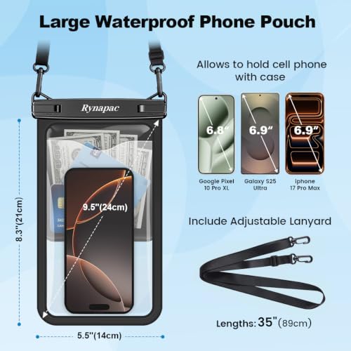 [Up to 10"] Large Waterproof Phone Pouch Bag - 2Pack Waterproof Phone Case for iPhone 16 15 14 13 Pro Max Galaxy S24 S23 S22, IPX8 Cell Phone Water Protector Pouch Beach Essentials Travel Must Haves