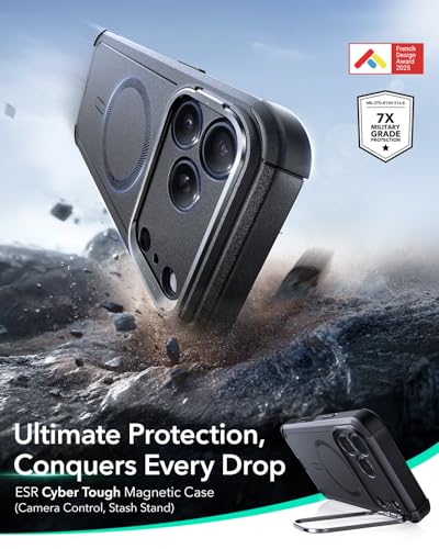 ESR for iPhone 17 Pro Phone Case with Stand, 23ft Military-Grade Drop Protection with Camera Control, Shock-Absorbing Rugged Cover, Compatible with MagSafe Accessories, Cyber Series, Black