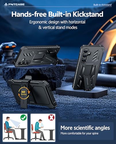 FNTCASE for Samsung Galaxy S25-FE Case: Military Grade Rugged Cell Phone Cover with Kickstand & Belt-Clip Holster | Shockproof Protection Bumper Matte Textured for Galaxy S25 FE Cases 6.7inch - Black