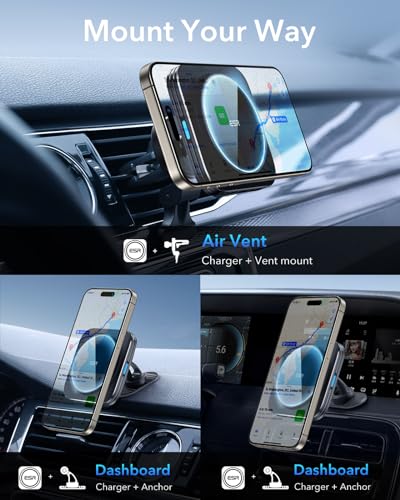 ESR for MagSafe Car Mount Charger,15W Magnetic Wireless Car Charger, for MagSafe Car Charging, Air Vent Dashboard Phone Holder Mount for iPhone Air 17 Pro Max 16 15 14 13 12, Galaxy S26, Fast Charging