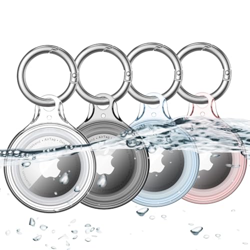 4 Pack Airtag Holder IPX8 Waterproof for Apple Air Tags with Keychain, Hard PC Cover [Anti-Scratch] for Air-Tag Item Finder GPS Tracker Case Key Chain, Clear/Black/Blue/Red