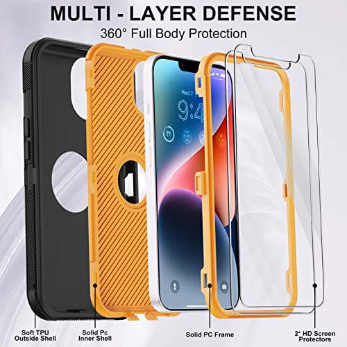 for iPhone 14 Case with 2 Screen Protector,Full Body Shockproof Drop Protection Dust Proof Heavy Duty 3-Layer Rugged Durable Military Grade Cover for Apple iPhone 14 6.1" (Black/Oranger)