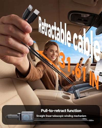 Retractable Car Charger,Car Phone Charger USB C Fast Charge,Cigarette Lighter USB Charger Car Accessories for Women,Road Trip Essentials Gift for Men,Car Charger for iPhone 17/16/15,Galaxy S26,Pixel
