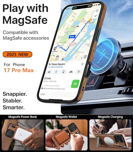 WTCASE Magnetic for iPhone 17 Pro Leather Case,Built-in Invisible Stand [Compatible with Magsafe] Protective Slim Kickstand Phone Cover for iPhone 17 Pro Case, Brown