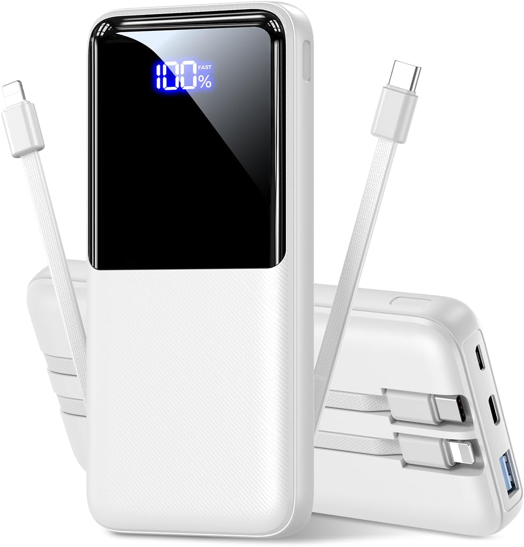 Portable Charger Power Bank - 15,000mAh Battery Pack Portable Phone Charger with Built in Cable 22.5W Fast Charging Powerbank Compatible with iPhone Android Samsung Phone, Travel Camping Essential