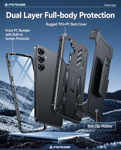 FNTCASE for Samsung Galaxy S25-FE Case: Military Grade Rugged Cell Phone Cover with Kickstand & Belt-Clip Holster | Shockproof Protection Bumper Matte Textured for Galaxy S25 FE Cases 6.7inch - Black