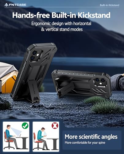 FNTCASE for iPhone 12 Phone Case: for iPhone 12 Pro Phone Case Military Grade Drop Proof Rugged Protective Cover with Kickstand | Matte Textured Shockproof TPU Hybrid Bumper Cases 6.1 inch - Black