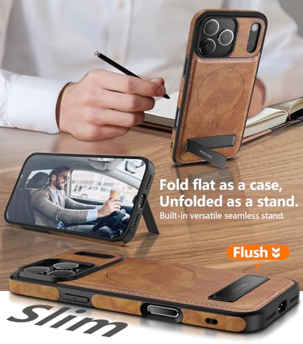 WTCASE Magnetic for iPhone 17 Pro Leather Case,Built-in Invisible Stand [Compatible with Magsafe] Protective Slim Kickstand Phone Cover for iPhone 17 Pro Case, Brown
