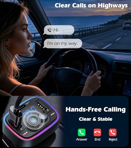 LIHAN FM Transmitter for Car Bluetooth Adapter 5.4,48W PD+QC Fast Charging,Hands-Free Calling,Streams Spotify/Navigation/Music via Car Radio,Wireless Upgrade Non-Bluetooth Cars,USB-C,USB/TF,12V/24V