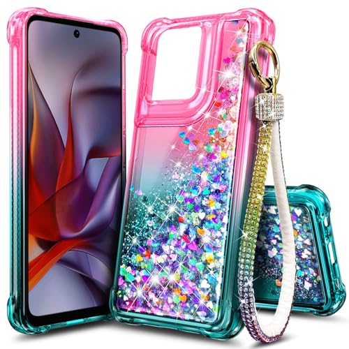 Designed for Motorola Moto G-2025/2026 & Moto G Play 2026 Case, Pink/Aqua | Bling Sparkly Glitter Floating Liquid Cute Phone Cover for Women Girls Kids with Diamond Wrist Strap Lanyard