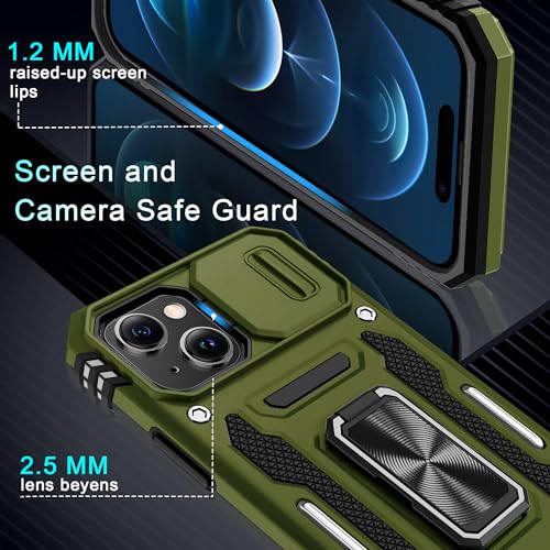 DEERLAMN Case for iPhone 15 with Slide Camera Cover + Screen Protector (2 Packs), Rotated Ring Kickstand Military Grade Shockproof Protective Cover-Olive Green