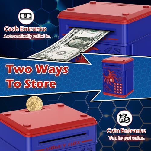 Spider Fingerprint Piggy Bank, ATM Piggy Bank for Kids Boys Girls, Kids Money Saving Box Money Safe (Blue)
