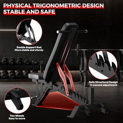 Weight Bench, Adjustable Workout Bench for Home Gym Full Body Workout, 1300LBS Weight Capacity Bench Press, Flat/Incline Bench with 33" Extra-Long Backrest & Wheels