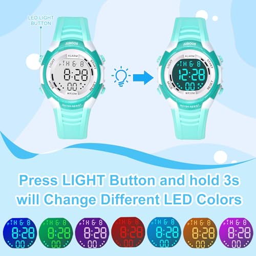 Juboos Kid's Digital Watch for Boys and Girls, Waterproof LCD Digital Sports Kids Watch with 7 Color LED Lights, Stopwatch, Alarm