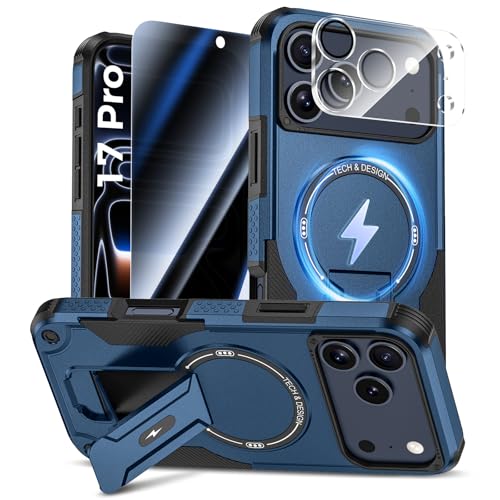 Goton for iPhone 17 Pro Case with Privacy Tempered Glass Screen Protector & Camera Lens Protector, Compatible with MagSafe, Invisible Kickstand, Shockproof Phone Cover, Blue