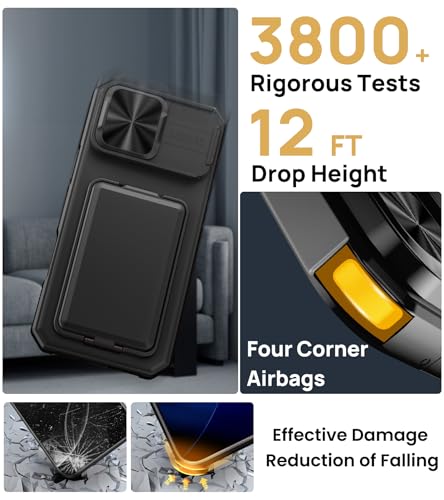 SSLOTSCASE for iPhone 17 Pro Max Case with Card Holder & Kickstand, Black | Slide Camera Lens Cover & Camera Stand & Wallet, Military-Grade Heavy Duty Phone Case Cover for iPhone 17 Pro Max 5G 2025