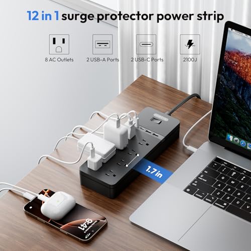 25 ft Extension Cord Flat Plug, NTONPOWER 8 Outlet Surge Protector Power Strip with 4 USB Ports(2 USB C), 15A Circuit Breaker, Wall Mount Surge Protector for Home, Office, Workbench or Garage,Black