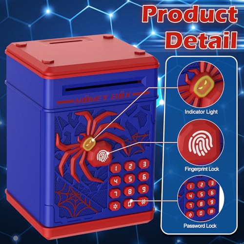Spider Fingerprint Piggy Bank, ATM Piggy Bank for Kids Boys Girls, Kids Money Saving Box Money Safe (Blue)