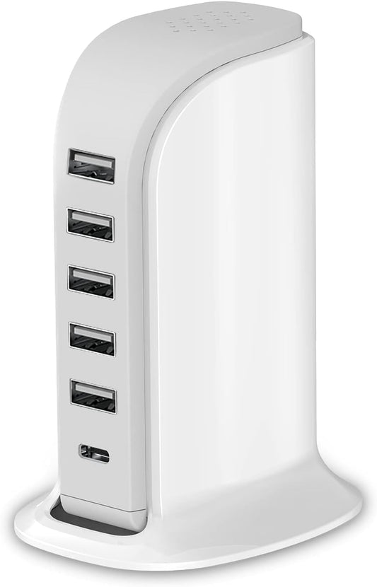Upoy 40W Charging Station for Multiple Devices – 5 USB Port Charger Tower with Type-C, Smart IC Hub for Home & Office