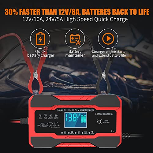 YONHAN Battery Charger 10-Amp 12V and 24V Fully-Automatic Smart Car Battery Charger, Battery Maintainer Trickle Charger, and Battery Desulfator with Temperature Compensation