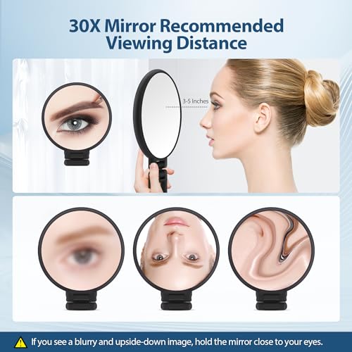 B Beauty Planet 30X Magnifying Mirror, Hand Mirror with Handle, Double Sided Hand Mirror with 30X/1X Magnification, Travel Essential Portable Foldable Makeup Mirror for Precision Makeup Black