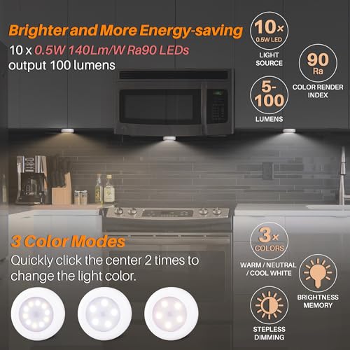 STAR-SPANGLED 4 Pack 3.1” Dimmable Push Tap Lights, Stick on LED Touch Puck Lights AA Battery Operated, 3 Color Modes Sticky Button Lamps for Classroom, Kitchen, Under Cabinet, Closet