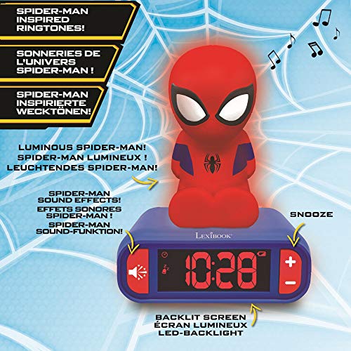 LEXiBOOK, Spider-Man Nightlight Alarm Clock, RL800SP | Sounds & Melodies, LCD Backlit screen, Luminous, Snooze, Blue