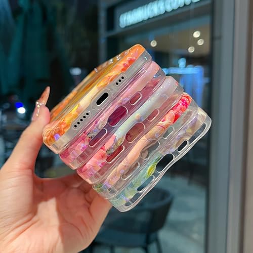 XIZYO Case for iPhone 17 Pro, Colorful Retro Oil Painting Flower Cute Floral Aesthetic Curly Wave Frame Laser Glossy Reflective Exquisite Stylish Protective Cover Women Girls-Sunflower/Yellow