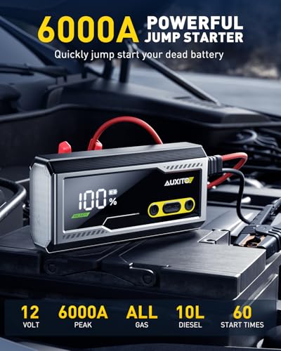 AUXITO 6000A Jump Starter, 12V Car Battery Jump Starter, Up to All Gas & 12L Diesel Engine with LED Display, Portable Jump Box with 3 Modes Flashlight and Jumper Cable, Storage Case