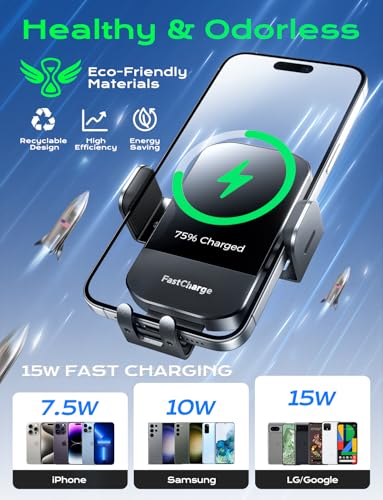 Wireless Car Charger, 15W Fast Charging Auto Clamping Phone Holders for Your Car Phone Mount fit for iPhone 17 16 15 14 13 12 Pro Max 11 XR XS, for Samsung Galaxy S25 Ultra S24 S23, Black