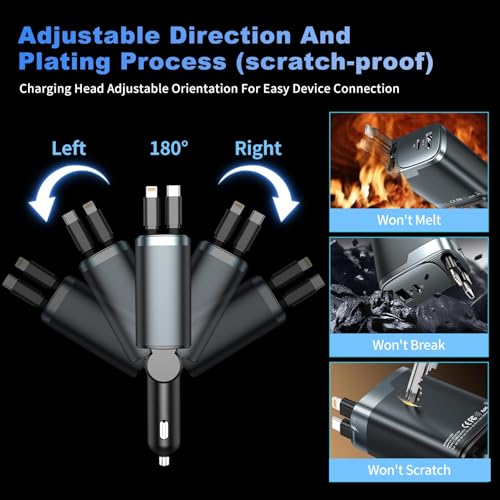 Retractable Car Charger, 4 in 1 Car Charger USB C Fast Charge, Cigarette Lighter USB Charger, Travel Essentials Car Accessories Gifts for Men Women for iPhone 17 16 15 14 13 12 Pro Max, Samsung