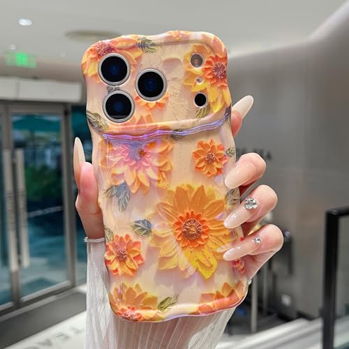 XIZYO Case for iPhone 17 Pro, Colorful Retro Oil Painting Flower Cute Floral Aesthetic Curly Wave Frame Laser Glossy Reflective Exquisite Stylish Protective Cover Women Girls-Sunflower/Yellow