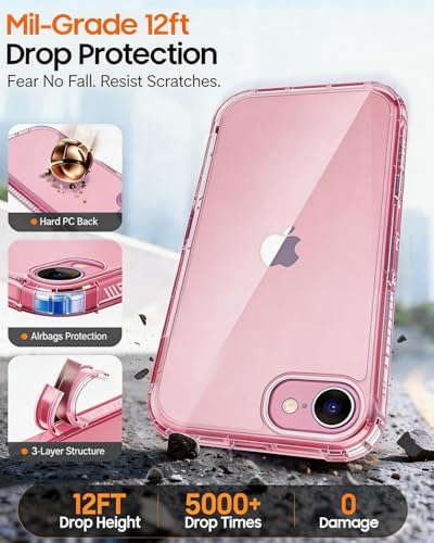Lifedance Rugged Full-Body Case for iPhone 17e/16e, Built-in Screen Protector, 10FT Military Drop Tested, Clear Shockproof Phone Case Cover for iPhone 17e & 16e, Clear Pink
