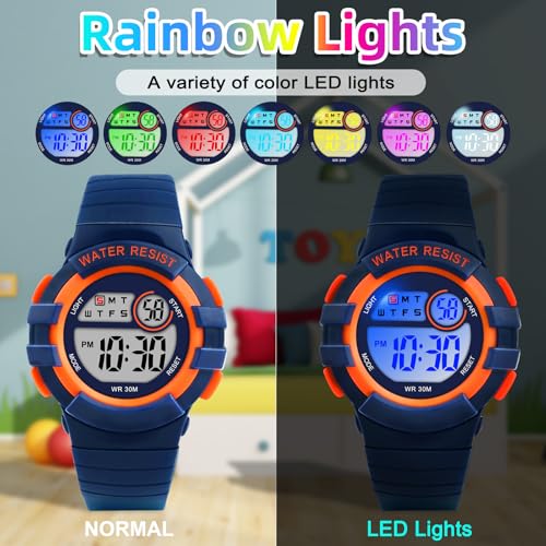 DTKID Digital Kids Watch 30 M Waterproof, 7 Color Lights Time Teaching Watch Easy to Read for Girls Boys 5-16
