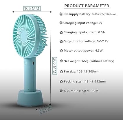 Mini Portable USB Fan Built-in Rechargeable Battery Operated Summer Cooling Table Fan with Standing Holder Handy Base (Multicolor, Set of 1 x fan, USB Charger Cable, Fan Stand)