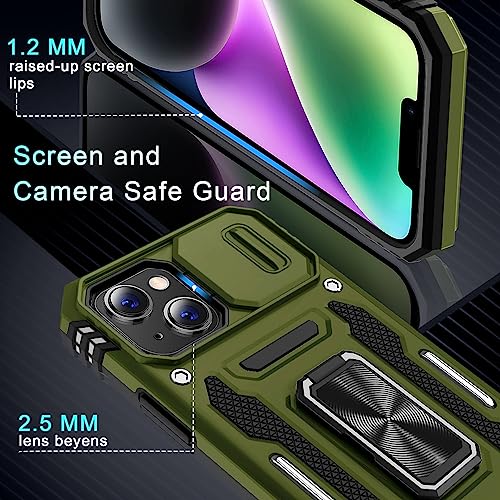 DEERLAMN Case for iPhone 13/iPhone 14 6.1-Inch with Slide Camera Cover+Screen Protector(2 Packs),Rotated Ring Kickstand Military Grade Shockproof Protective Cover-Olive Green