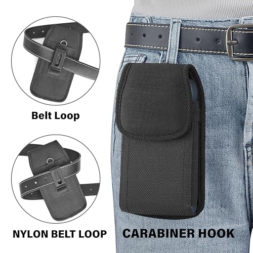 Holster for iPhone 17 16 15 14 13 12 11 Xs X XR/Pro Models, Cell Phone Belt Holder Case with Clip for Men, Heavy Duty Nylon Pouch (Fits Phone with Otterbox Cover on) Black