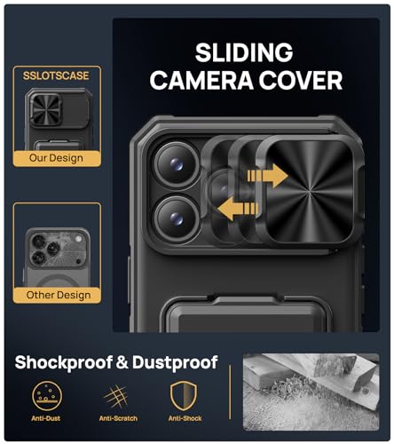 SSLOTSCASE for iPhone 17 Pro Max Case with Card Holder & Kickstand, Black | Slide Camera Lens Cover & Camera Stand & Wallet, Military-Grade Heavy Duty Phone Case Cover for iPhone 17 Pro Max 5G 2025