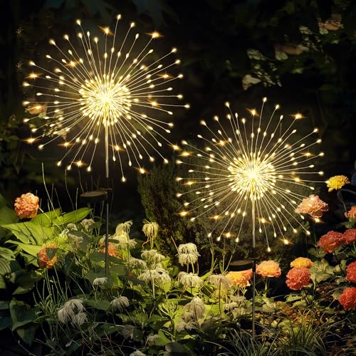 GIGALUMI Garden Decor Outdoor Lights 120LED 2Pack, Solar Garden Lights for Outside Christmas Fairy Firework Decorative,Solar Powered for Yard Pathway Flowerbed Planter Balcony Patio Decor (Warm White