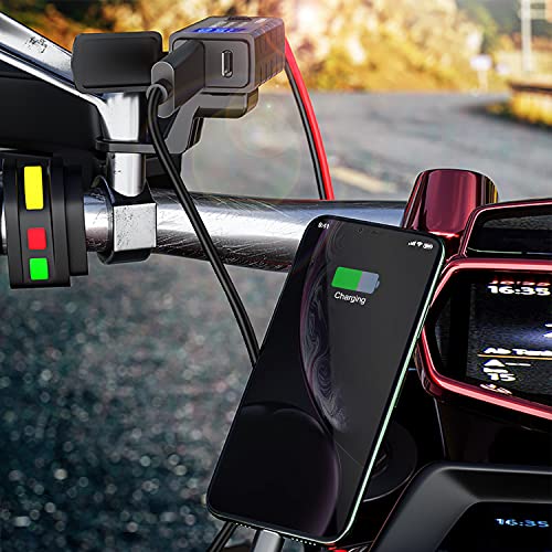 Motorcycle USB Charger SAE to USB Adapter Type C and Quick Charge USB 3.0 with Voltmeter, ON/Off Switch and 3.6FT SAE Extension Cable Waterproof 3 Install Options for GPS Smartphone Camera