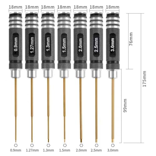 Professional RC Titanium Plated Ti Coated Hex Screwdriver Set - 7PCS Precision Hexagon Allen Kit (0.9-3.0mm) for RC Car, Drone, Helicopter, Durable RC Tool Kit