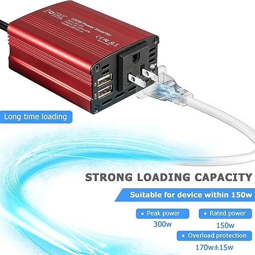 FOVAL 150W Car Power Inverter 12V DC to 110V AC Converter Vehicle Adapter Plug Outlet with 3.1A Dual USB Car Charger for Laptop Computer (Classic Red)