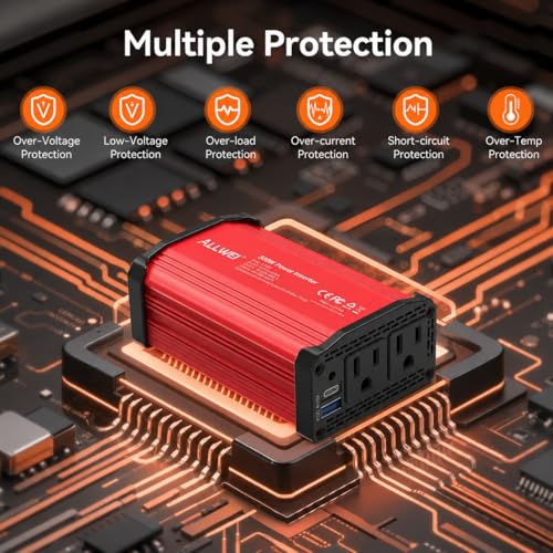 ALLWEI 300W Power Inverter 12V DC to 110V AC Car Inverter with 27W PD USB-C &18W USB-A Fast Charging, Car Charger Cigarette Lighter Adapter for Phone, Laptop and Small Devices on Road Trip-Red