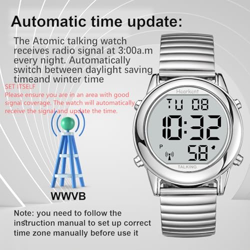 Large Digital Talking Watch English Speaking for The Blind, Elderly or Visually impaired Receives US Signals Automatic Time and Date Correction Big Numbers Easy to See Loud and Clear-Hearkent-2117M