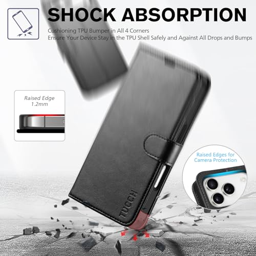 TUCCH Wallet Case for iPhone 17 Pro (6.3") 2025, RFID Blocking 4 Card Holders | Kickstand | Shockproof TPU Shell | PU Leather | Magnetic Closure | Protective Flip Folio Cover | Black